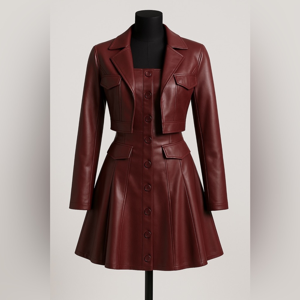 Passion of Essence Deep Burgundy Faux Leather Dress and Jacket